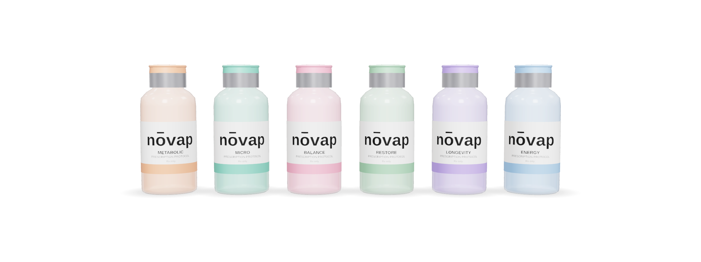 Six NŌVAP vials in a row: Metabolic, Micro, Balance, Restore, Longevity and Energy