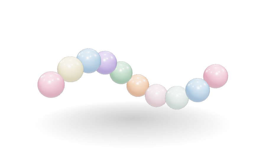 3D chain of pastel spheres representing amino acids linked into a peptide
