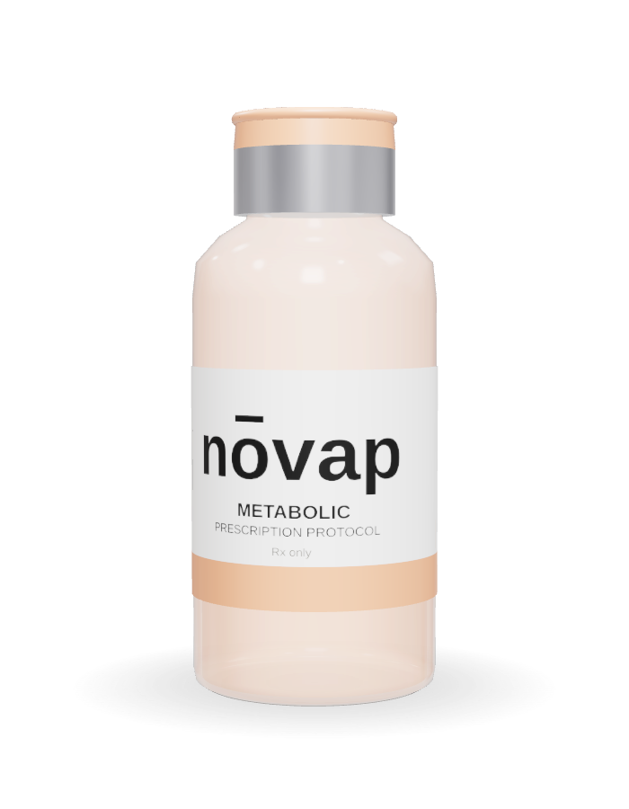 NŌVAP vial with peach cap labelled Metabolic